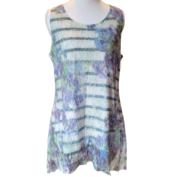 Brittany Black Tops - Brittany Black Blue White Lace Floral Embellished Sleeveless Tunic Blouse Top
